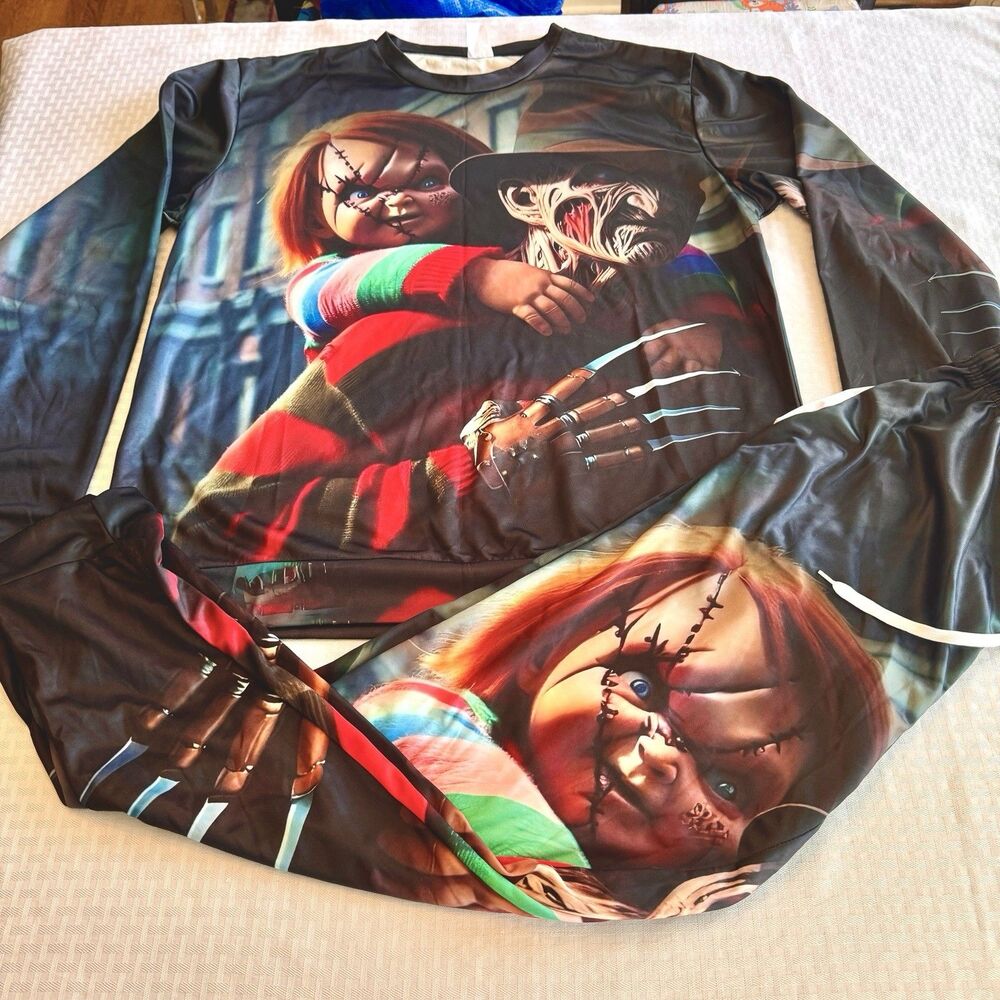 Horror Graphic Lounge‎ Set XXL Chucky Freddy Full Print Top Pants Pajama Set